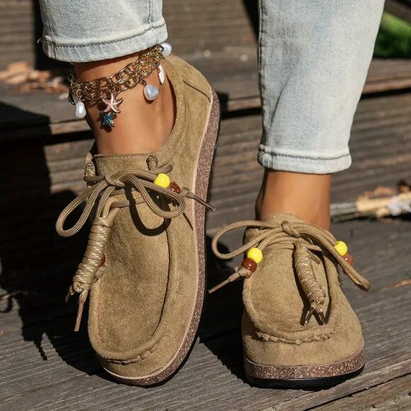 Tocya Trading Lace-up Boho Tan Suede Sneakers with Bead Detail, Size 10,  NWOT - Picture 1 of 9